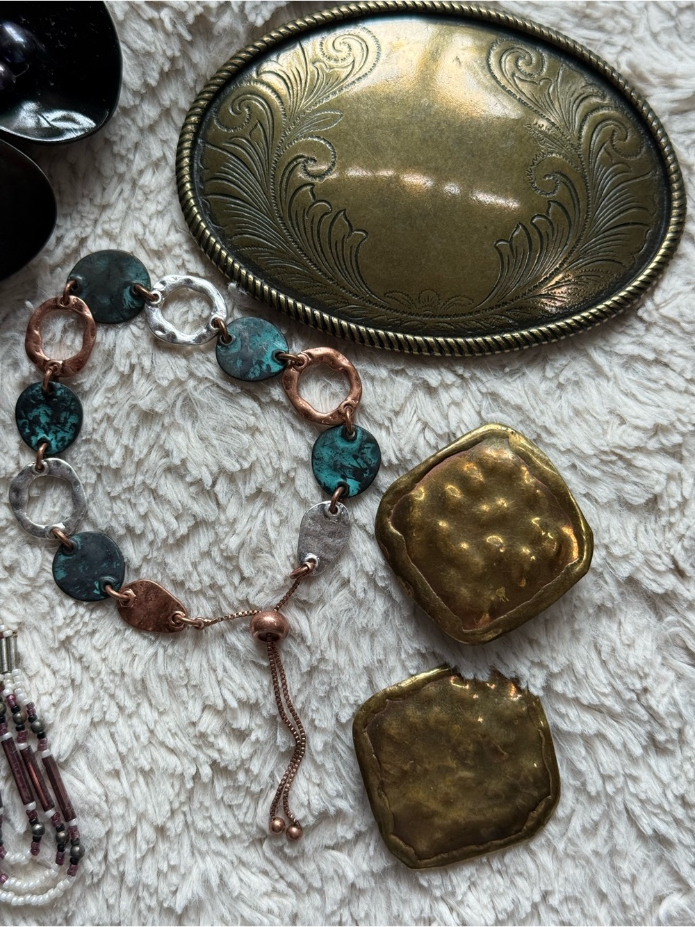 Vintage jewelry bundle, 4 bracelets, 2 pins, 3pr earrings, 2 belt buckles. - Picture 4 of 16